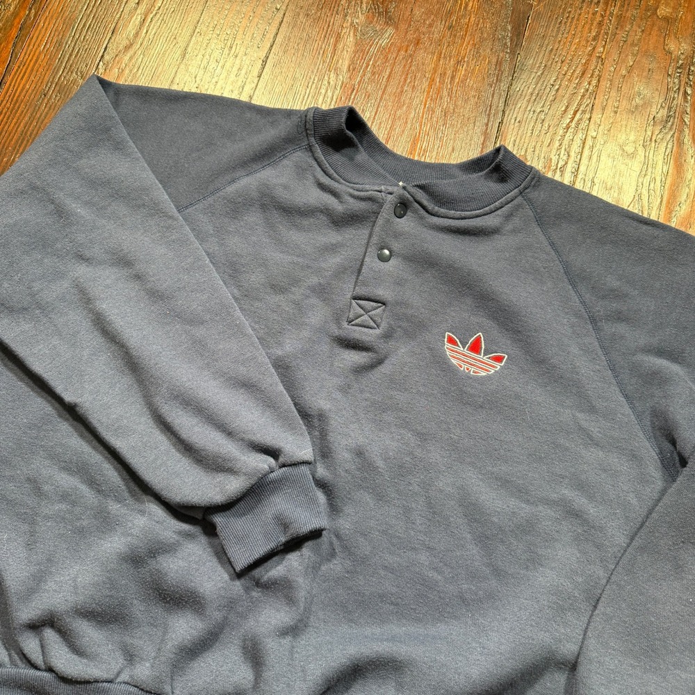 Vintage 90s Adidas Henley Sweatshirt Mens 2XL Blue Trefoil Logo Pullover